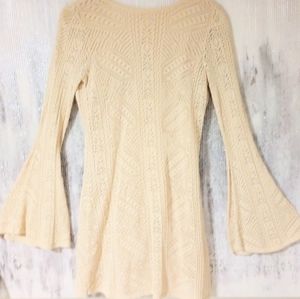 Just Fab, Medium, Tan, Dress, Bell Sleeves, Short Dress, V-Back